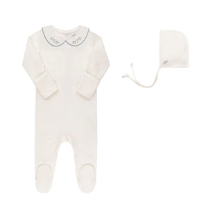 Baby Boy Footie + Hat | Organic Cotton Wide Rib Embroidered | Ivory/Blue | Ely's & Co