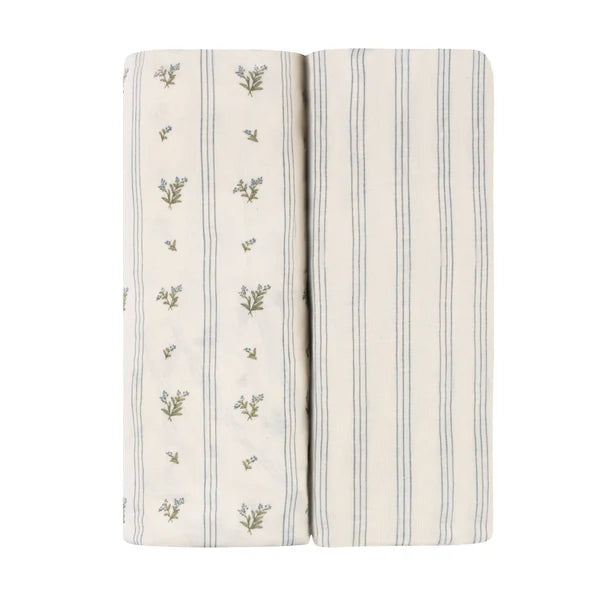 Crib Sheet Two Pack | Blue Linear Berry Leaf | Ely's & Co