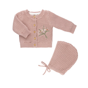 Baby Girl 3 Piece Set | Knit Embroidered | Mauve | Tricot Bebe