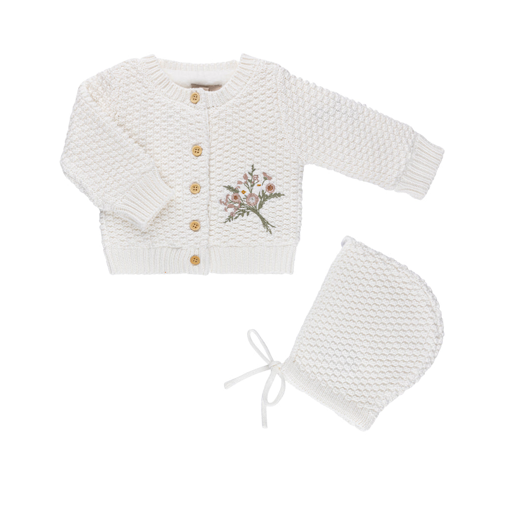 Baby Girl Cardigan + Hat | Knit Embroidered | Ivory/Mauve Floral | Tricot Bebe