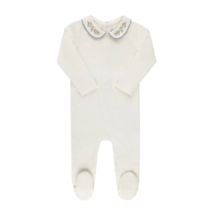 Baby Boy Footie | Organic Cotton Wide RIb Embroidered | Ivory/Blue | Ely's & Co