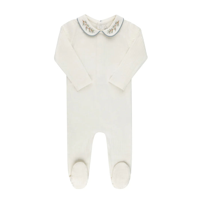 Baby Boy Footie | Organic Cotton Wide RIb Embroidered | Ivory/Blue | Ely's & Co