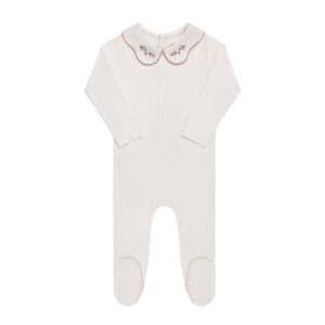 Baby Girl Footie | Organic Cotton Wide Rib Embroidered | Ivory/Pink | Ely's & Co