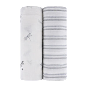 Cotton Muslin Swaddle 2 Pak | Dragonfly/Stripes | Ely's & Co