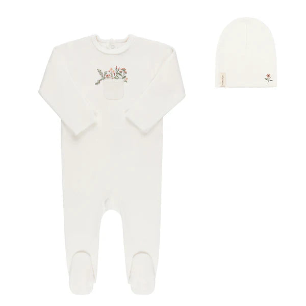 Baby Girl Footie + Hat | Velour Pocket Full of Flowers | Ivory/Pink | Ely's & Co