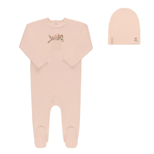 Baby Girl Footie + Hat | Velour Pocket Full of Flowers | Pink | Ely's & Co