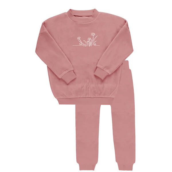 Baby Girl Lounge Set | Velour Embroidered Flowers | Pink | Ely's & Co