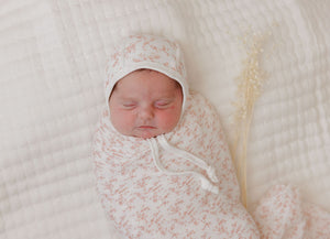 Baby Muslin Swaddle | Velour Vine Pattern |Pink on Ivory | Ely's & Co