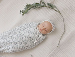 Baby Muslin Swaddle | Velour Vine Pattern | Blue on Ivory | Ely's & Co