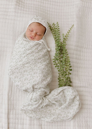 Baby Muslin Swaddle | Velour Vine Pattern |Sage on Ivory | Ely's & Co