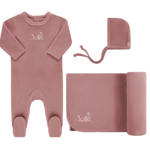 Baby Girl Layette Set | Velour Embroidered Flowers | Pink | Ely's & Co