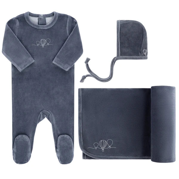 Baby Boy Layette Set | Velour Embroidered Hot Air Balloon | Blue | Ely's & Co