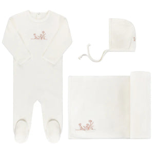 Baby Girl Layette Set | Velour Embroidered Flowers | Ivory | Ely's & Co