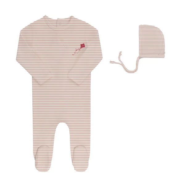 Baby Girl Footie + Hat | Organic French Terry Kite | Pink Stripes | Ely's & Co