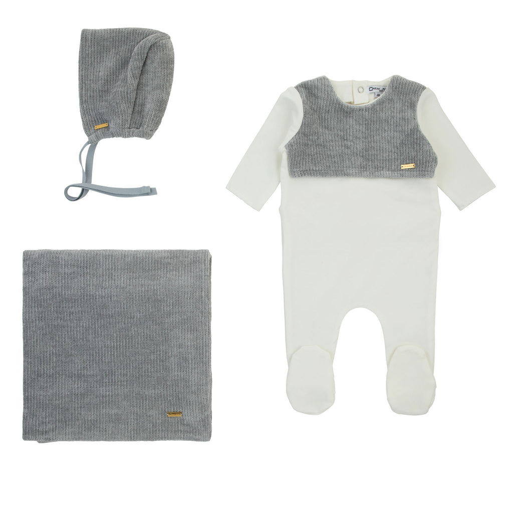 Baby Boy Footie + Bonnet | Chenille Yoke | Milk/Blue | Cream Bebe | AW24