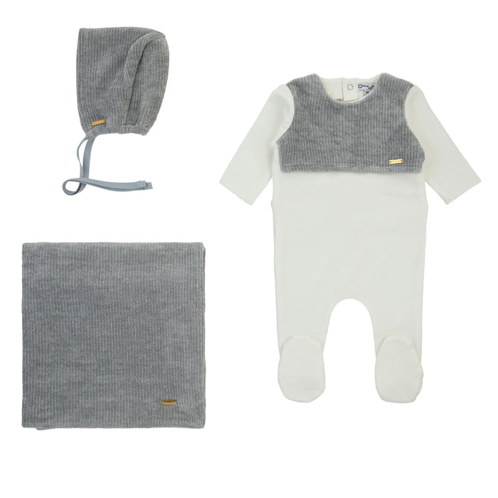 Baby Boy Footie + Bonnet | Chenille Yoke | Milk/Blue | Cream Bebe | AW24