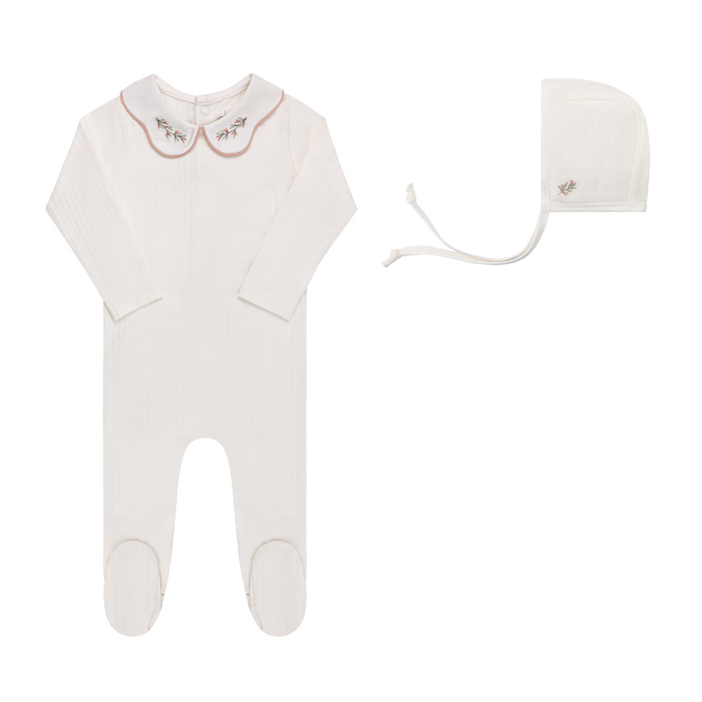 Baby Girl Footie + Hat | Organic Cotton Wide Rib Embroidered | Ivory/Pink | Ely's & Co