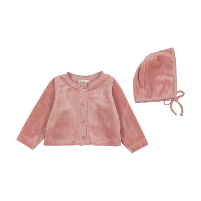 Baby Girl Cardigan + Hat | Velour Embossed | Pink | Bonjoy Baby