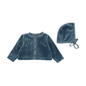 Baby Boy Cardigan + Hat | Velour Embossed | Blue | Bonjoy Baby