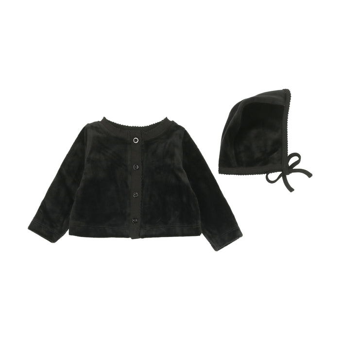 Baby Boy Cardigan + Hat | Velour Embossed | Black | Bonjoy Baby