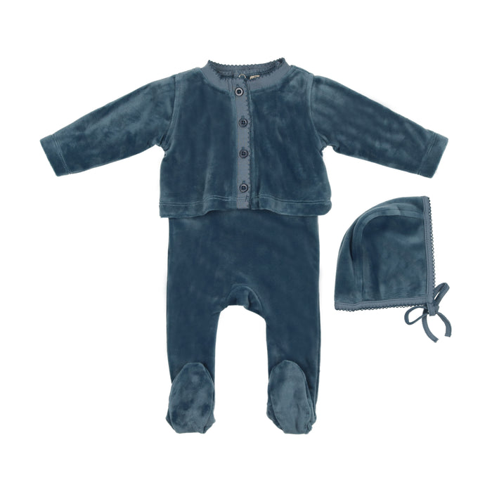 Baby Boy 3 Piece Outfit | Velour Embossed | Blue | Bonjoy Baby