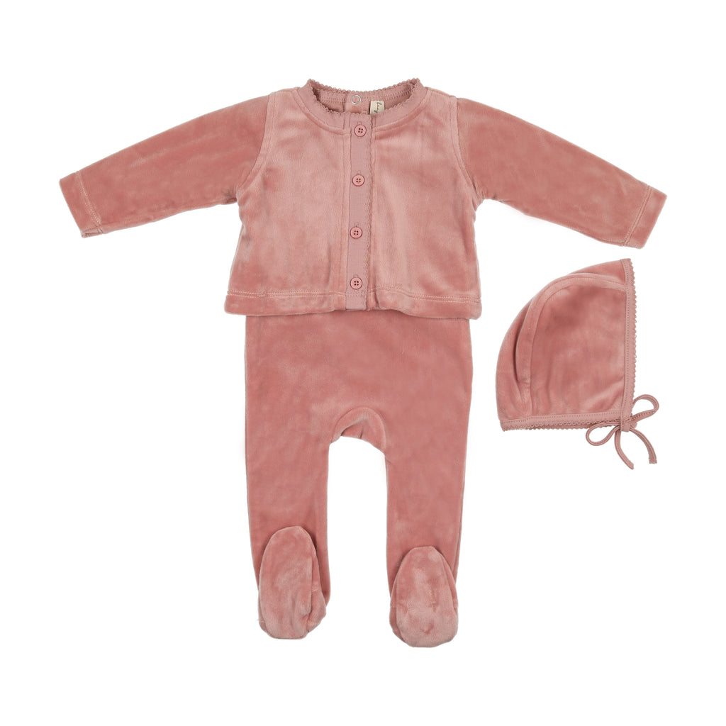 Baby Girl 3 Piece Outfit | Velour Embossed | Pink | Bonjoy Baby