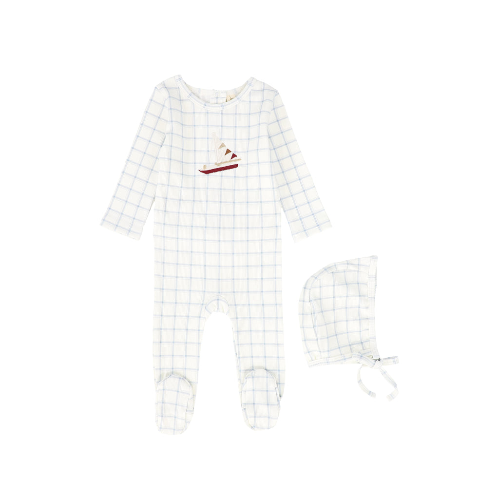 Baby Boy Footie + Hat | Checked Sailboat | Blue | Bebe Jolee | SS25