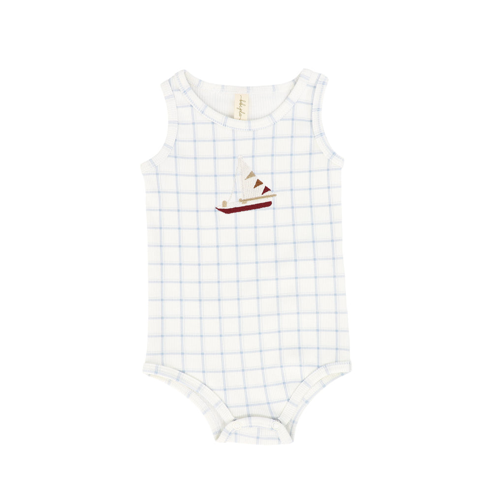 Baby Boy Romper | Checked Sailboat | Blue | Bebe Jolee | SS25