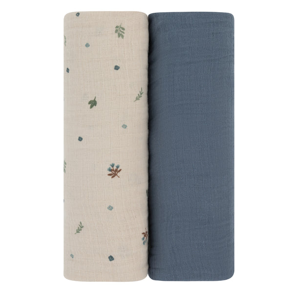 Cotton Muslin Swaddle 2 Pak | Garden Flowers | Sapphire Blue | Ely's & Co