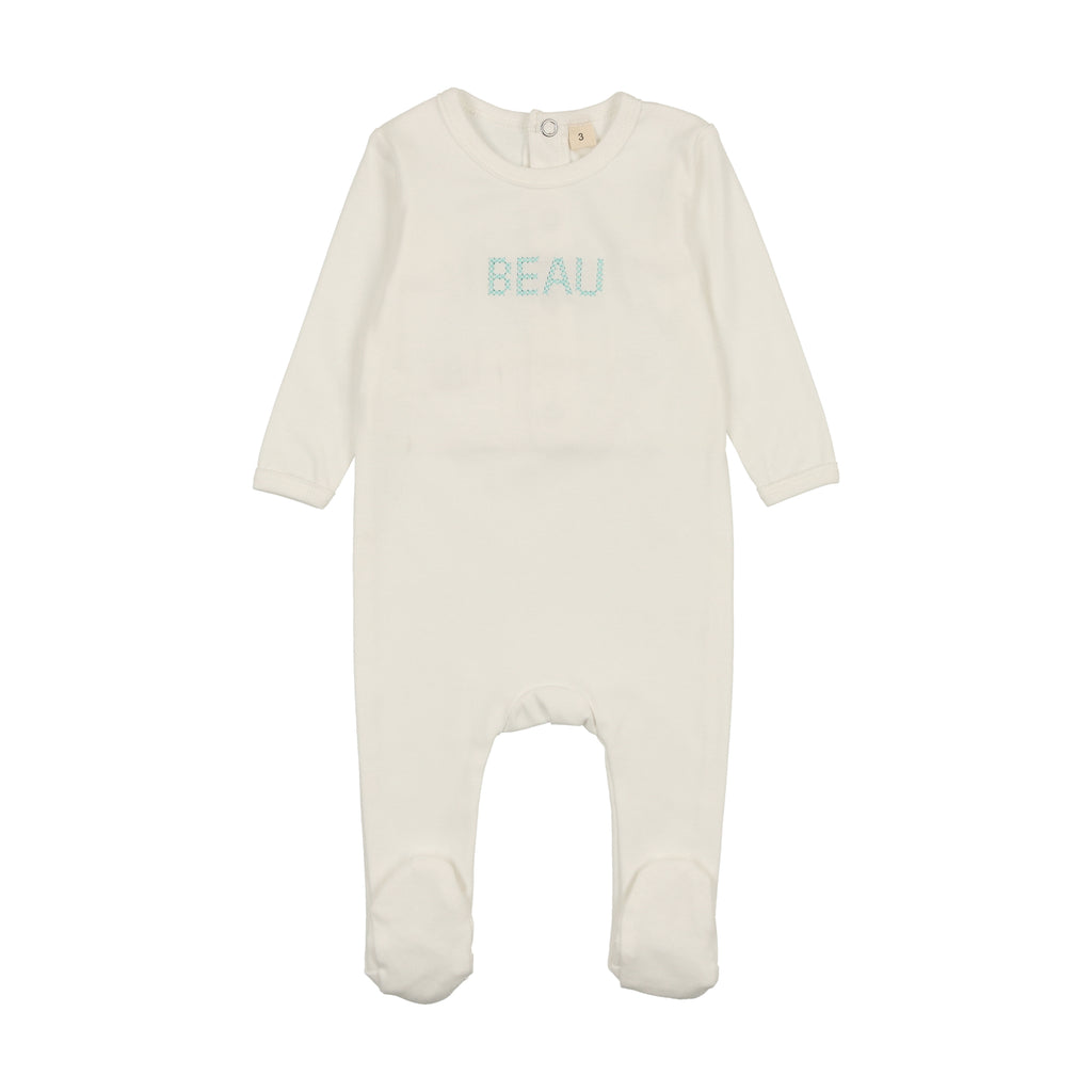 Baby Boy Footie + Hat | Stitched Beau | White/Blue | Bonjoy Baby | SS25