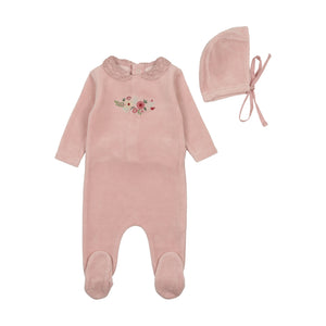 Baby Girl Layette Set | Embroidered Flowers Velour | Creme Pink | Bee and Dee