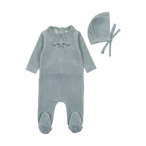 Baby Boy Layette Set | Embroidered Flowers Velour | Pale Blue | Bee and Dee