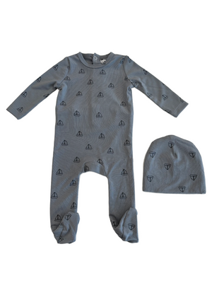 Baby Boy Footie + Hat | Sailboat Print | Blue | Bonjoy Baby | SS25