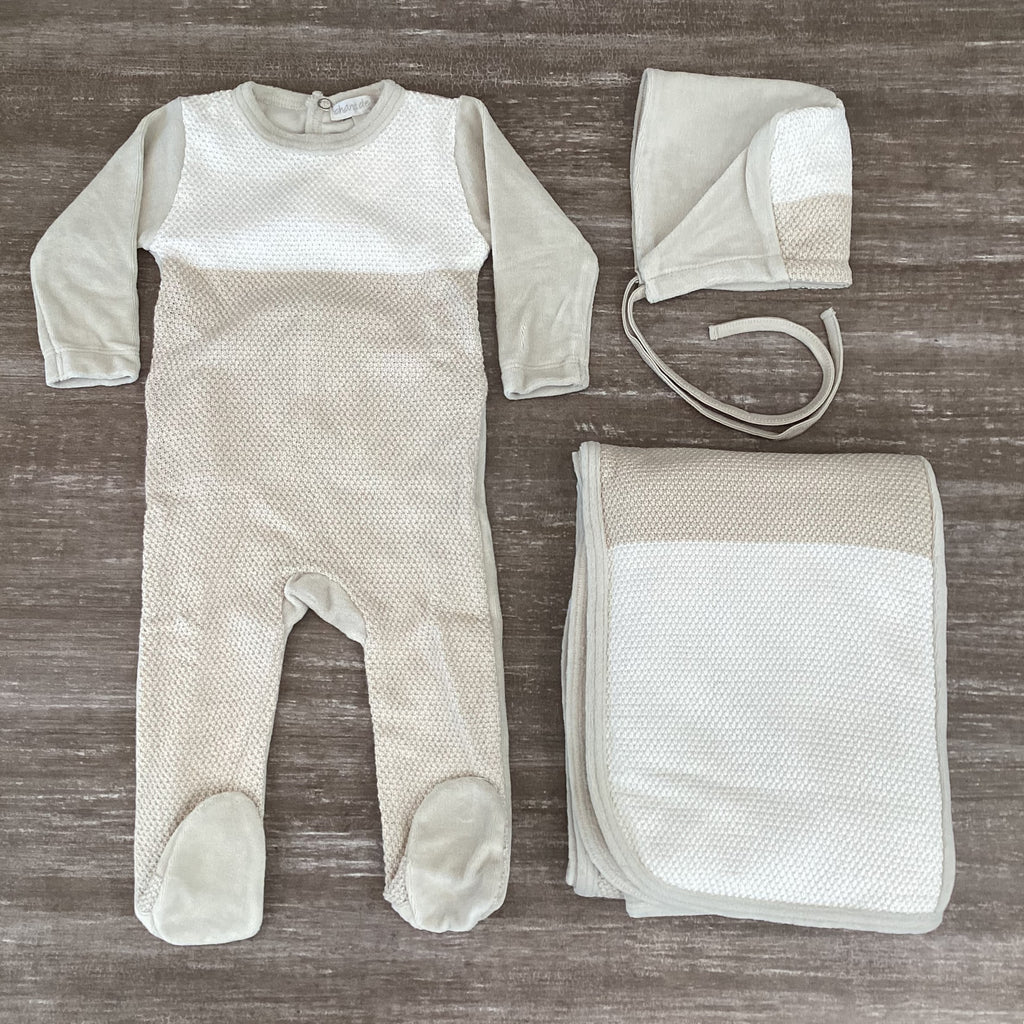 Baby Boy Layette Set | Knit Color Block | Velour Oatmeal | Chant De Joie