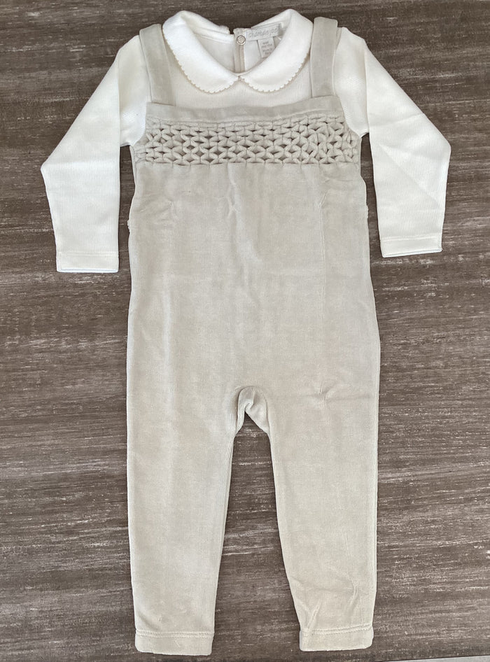 Baby Boy Long Romper | Velour Oatmeal Overall | Chant De Joie