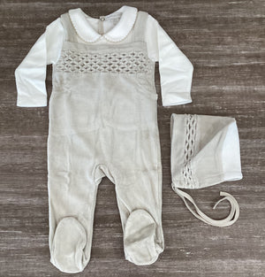 Baby Boy Footie | Velour Oatmel Overall | Chant De Joie