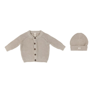 Baby Boy Cardigan + Beanie | Chunky Knit | Natural/Taupe | Lil Legs | SS25