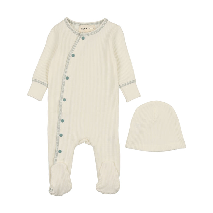 Baby Boy  Footie + Hat | Side Snap | White/Powder Blue | Mema