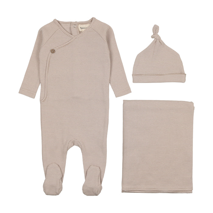 Baby Boy Layette Set | Thin Striped | Marshmallow\Taupe | Mema Knits | SS25