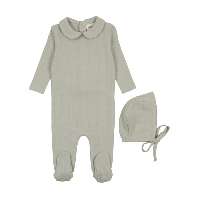 Baby Boy Footie + Hat | Pointelle | Mint Green | Mema Knits | SS25