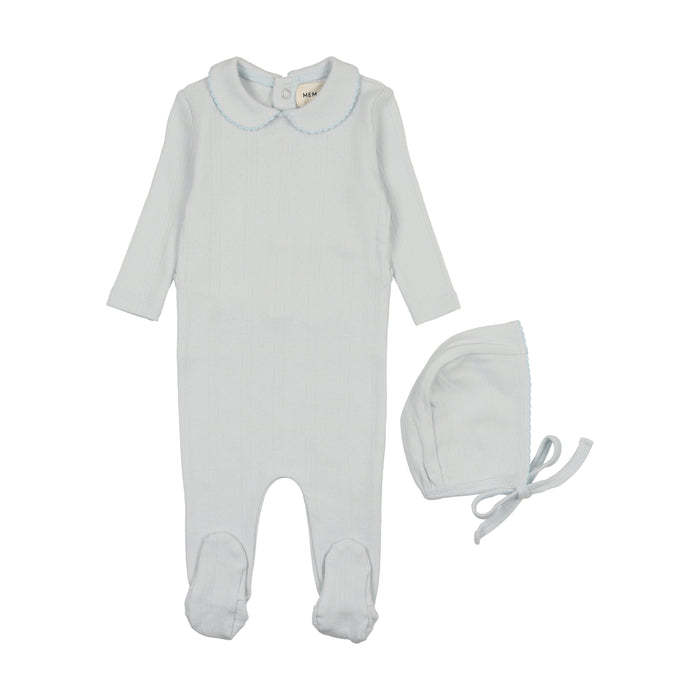 Baby Boy Footie + Hat | Pointelle | Light Blue | Mema Knits | SS25