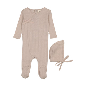 Baby Boy Footie + Hat | Pointelle Heart | Taupe | Mema Knits | SS25