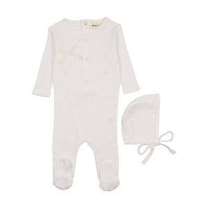 Baby Neutral Footie + Hat | Pointelle Heart | Winter White | Mema Knits | SS25