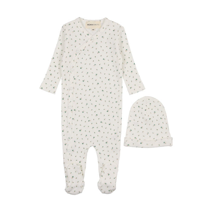 Baby Boy Footie + Hat | Printed Side Snap | Green Floral | Mema Knits | SS25