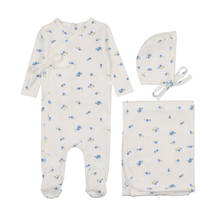 Baby Boy Layette Set | Pointelle Side Snap | Floral Blue | Mema Knits | SS25