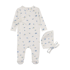 Baby Boy Footie + Hat | Pointelle Side Snap | Floral Blue | Mema Knits | SS25