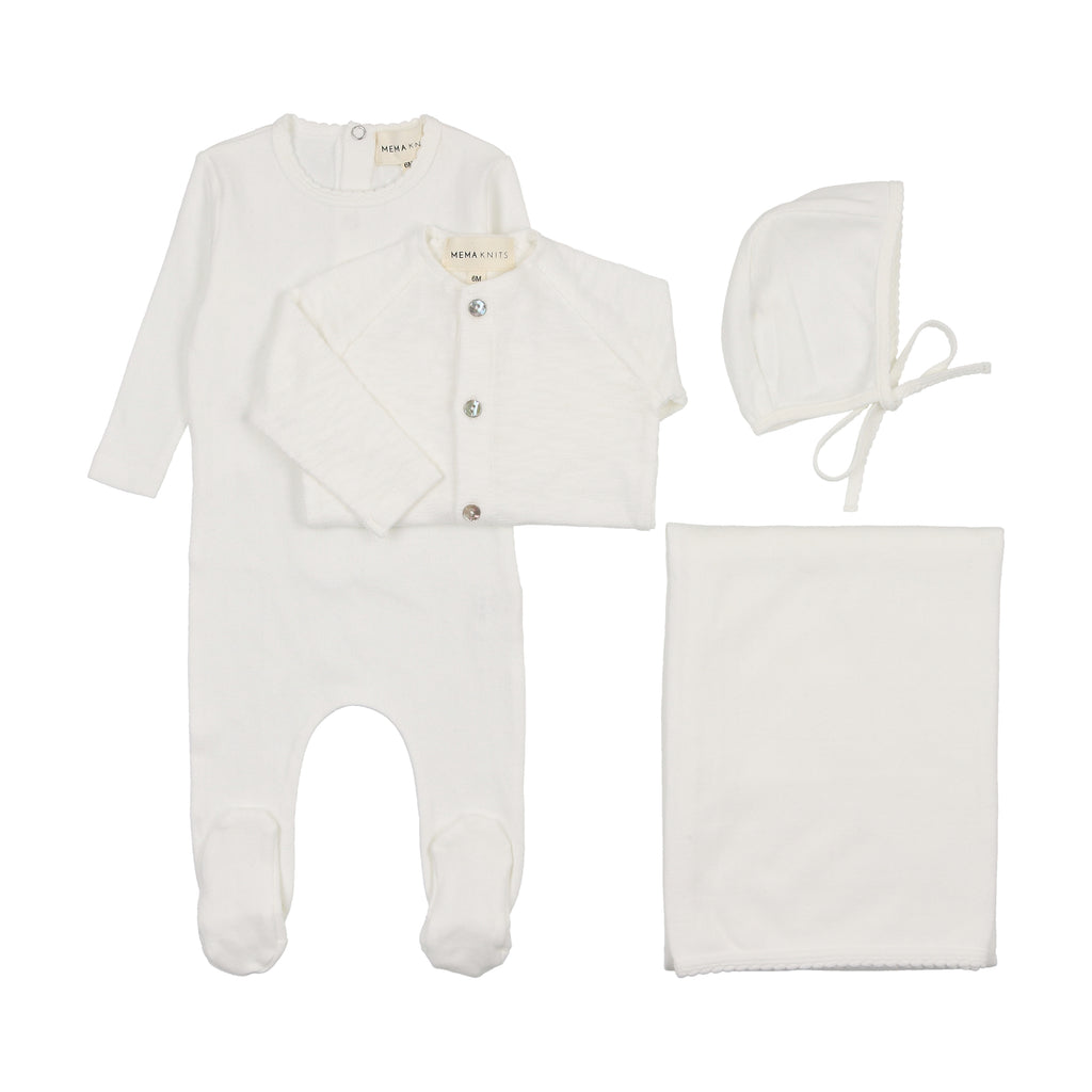 Baby Neutral 4 Piece Layette Set | Pointelle | Winter White | Mema Knits | SS25