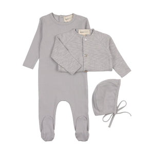 Baby Boy Footie + Cardigan + Hat | Pointelle | Light Blue | Mema Knit | SS25