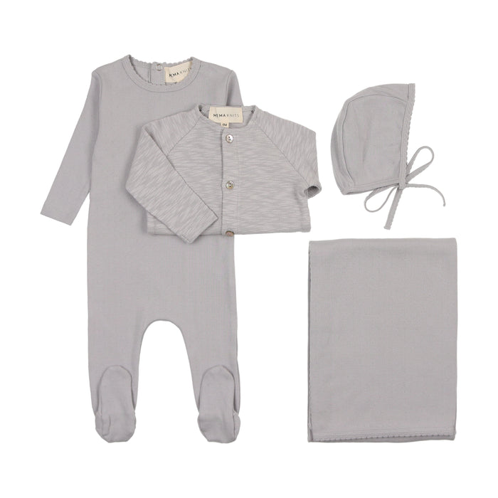 Baby Boy 4 Piece Layette Set | Pointelle | Soft Blue | Mema Knits | SS25