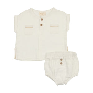 Baby Boy Short Set | Pockets and Pleats | Ivory & Taupe | Mon Tresor | SS25